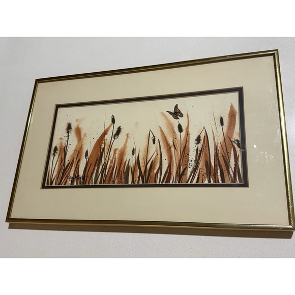 Vintage MCM Laura Batts Signed Watercolor‎ Framed Cattails Butterfly